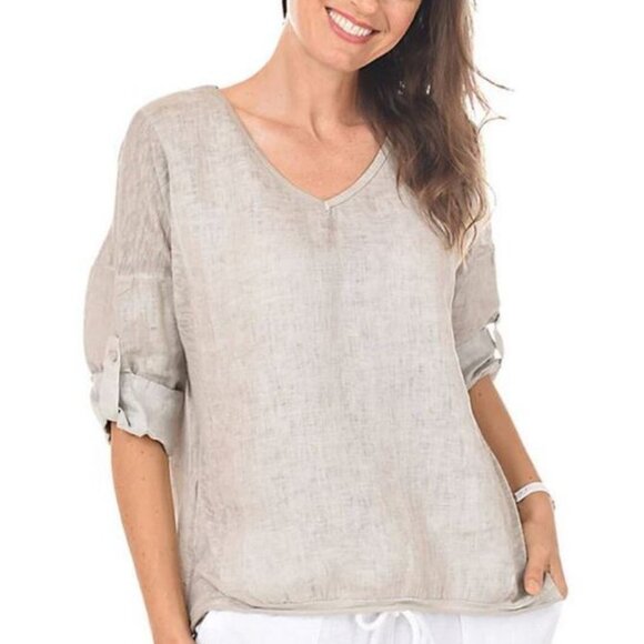 Kaktus, 100% Linen Apple Green V Neck Blouse - Picture 4 of 10